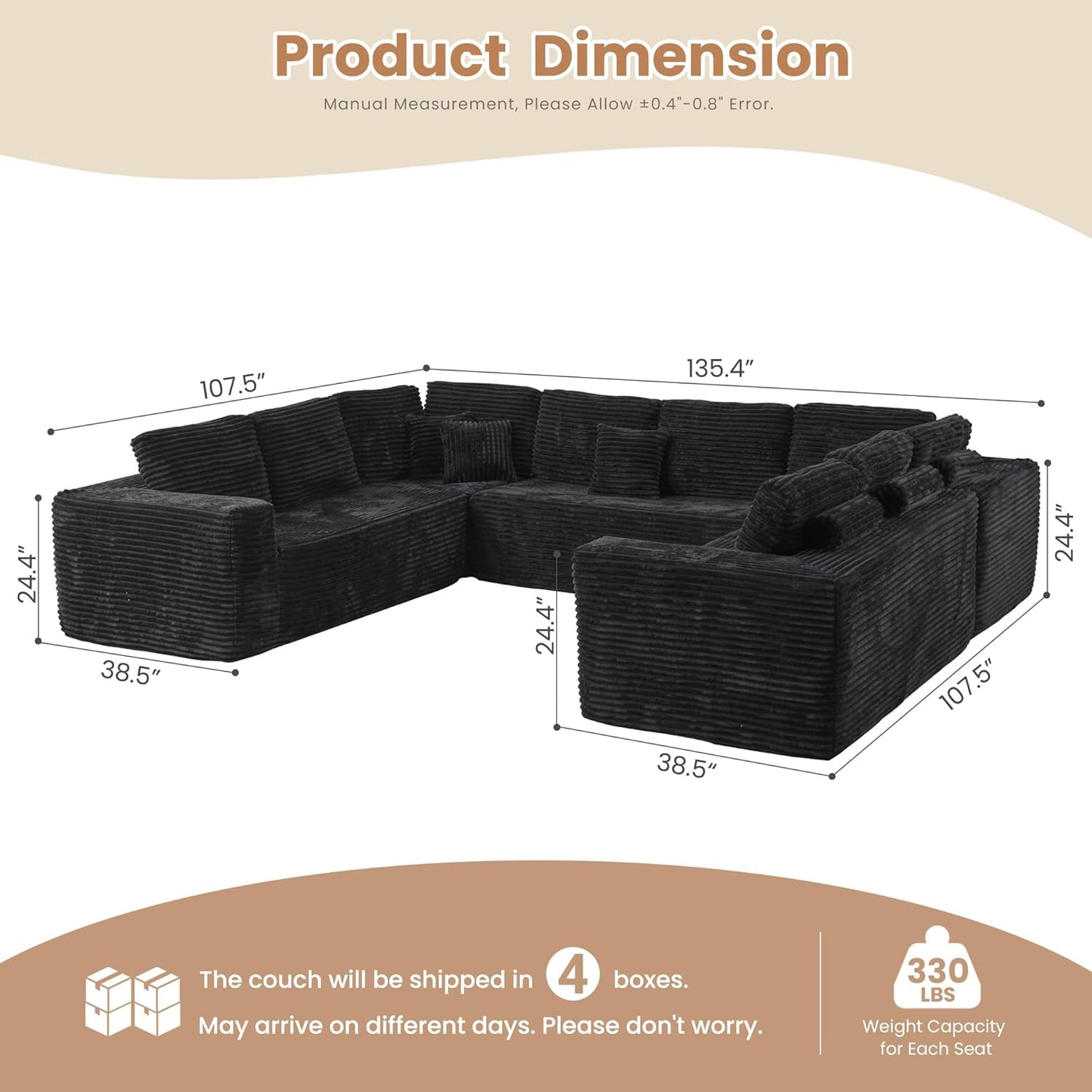 HOOOWOOO Cloud Sectional Couches for Living Room,Modular Sectional Sofa No Assembly,136X110 Inch Plush Corduroy Large U Shaped Floor Couch Set with Deep Seat(Black)