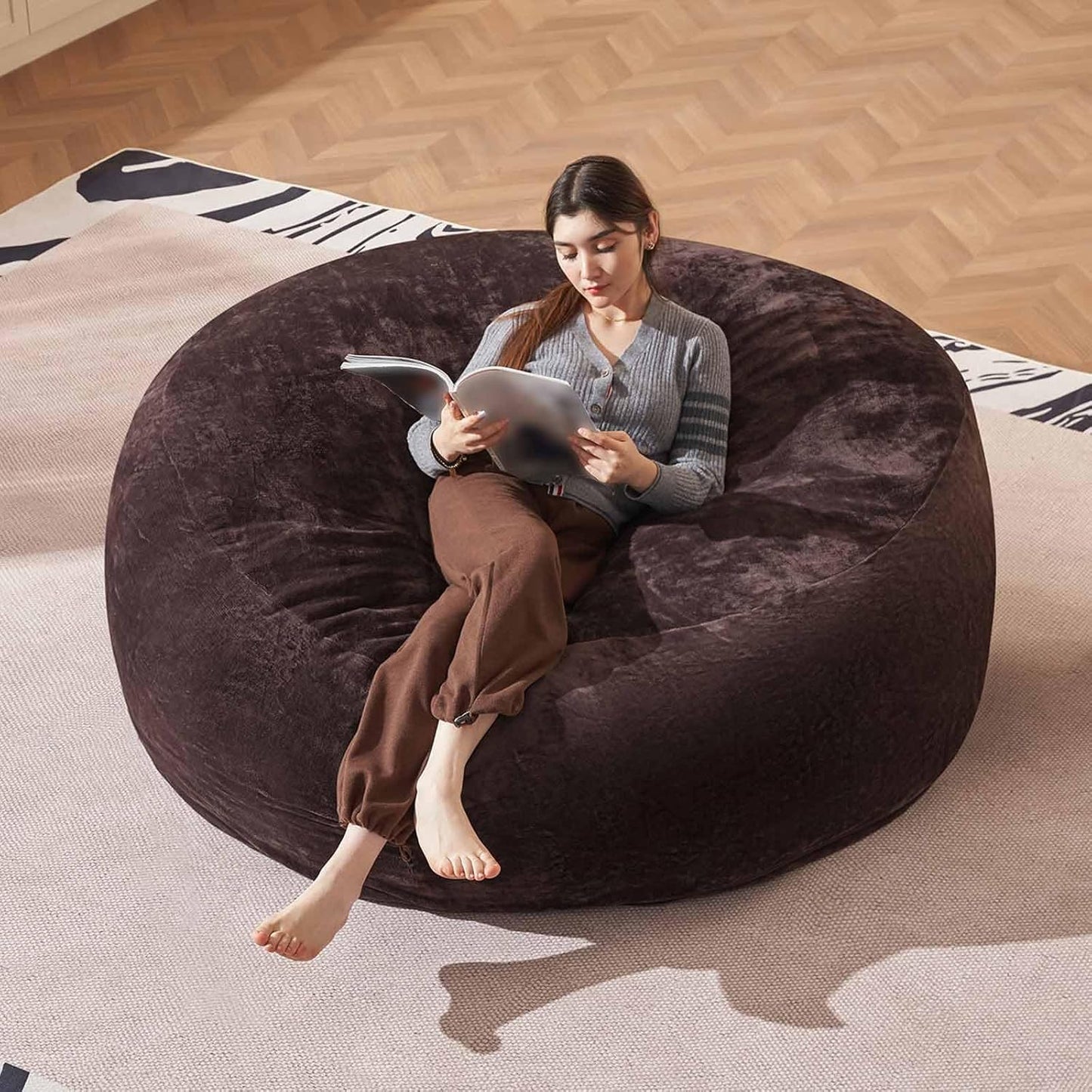 Bean Bag Chair 6Ft, Memory Foam Filled, Large Beanbag Chairs for Adults and Teens, Soft Sofa with Removable Flannel Cover, Round Couch for Living Room Bedroom College Dorm (Brown, 6FT-67×67"×24")