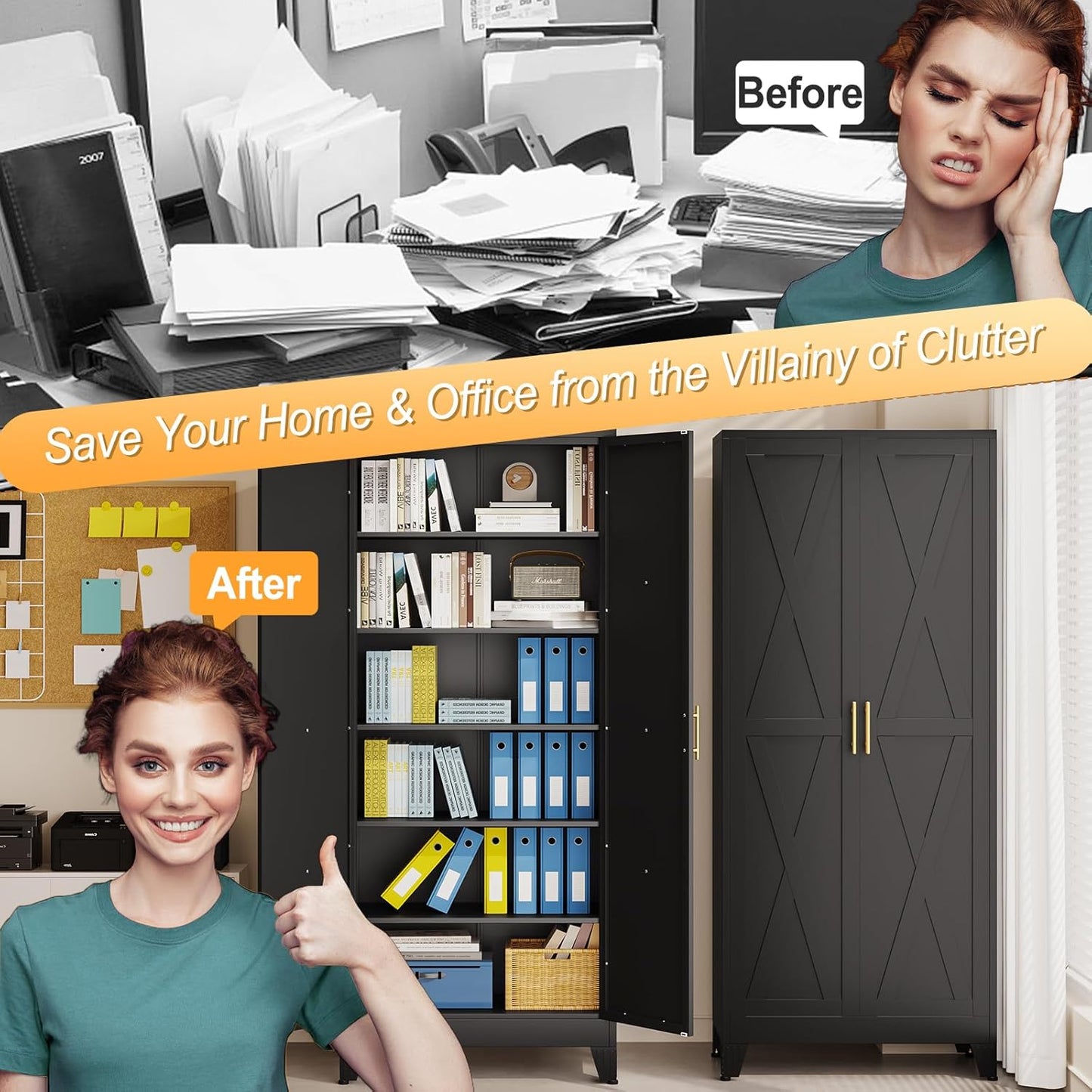 75" Tall Metal Kitchen Pantry Storage Cabinet, Freestanding Cupboard with 2 Doors and 5 Adjustable Shelves, Standing Storage for Kitchen, Bathroom, Garage, Dinning Room or Utility Room(Black)