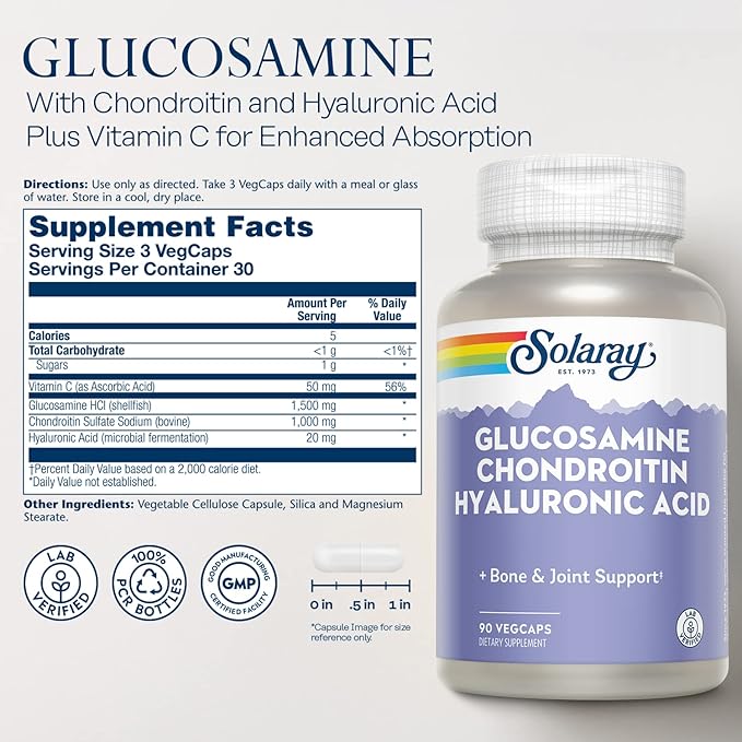SOLARAY Glucosamine Chondroitin and Hyaluronic Acid, 1500mg/1000mg/20mg 90 90 Capsules
