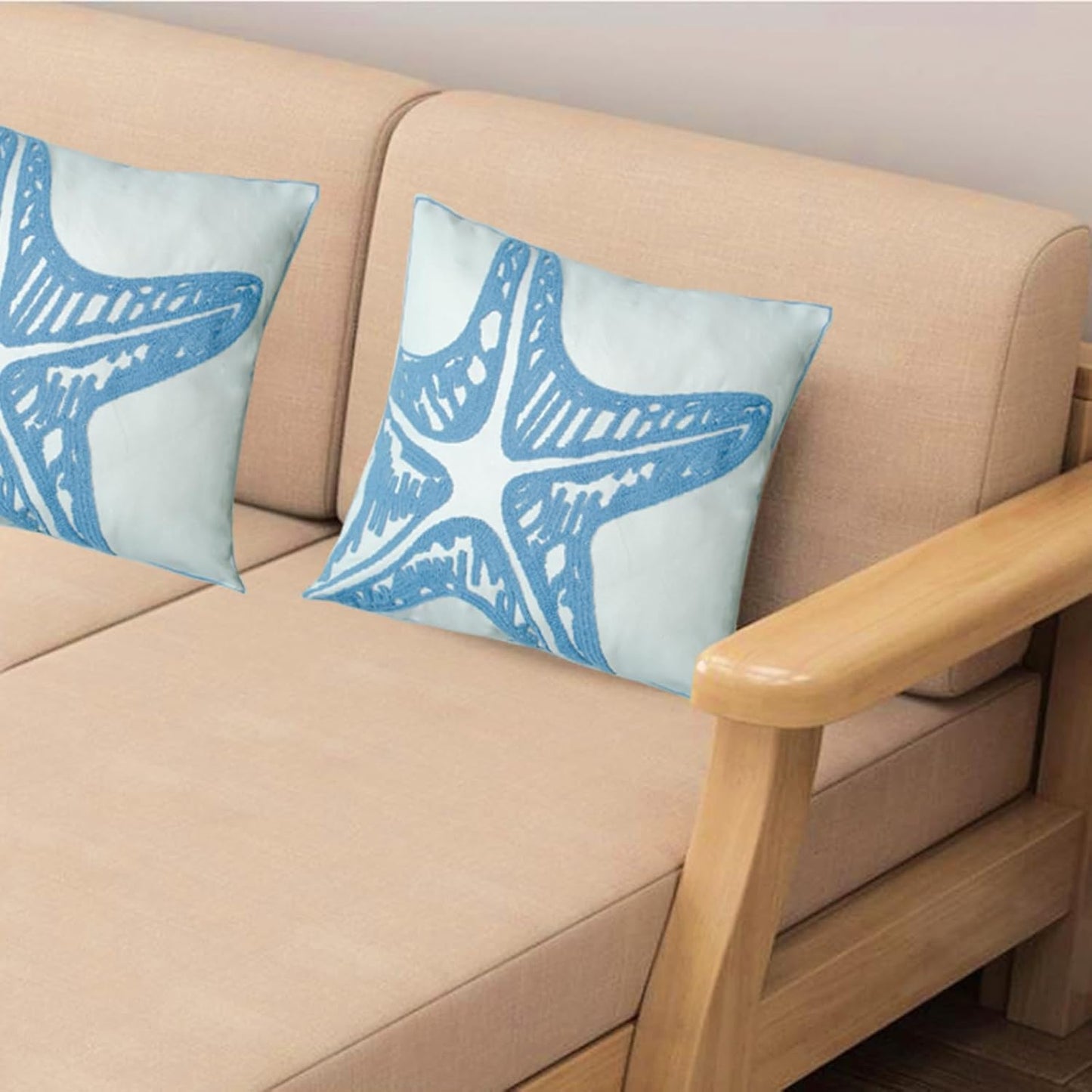 Embroidered Decorative Throw Pillow Cover, 18"x18" Set of 2, Farmhouse Pillowcase Blue Sea Star Knit Pattern Cotton Canvas Cushion Case Square Floral Pillow Case for Sofa Couch Bed Living Room