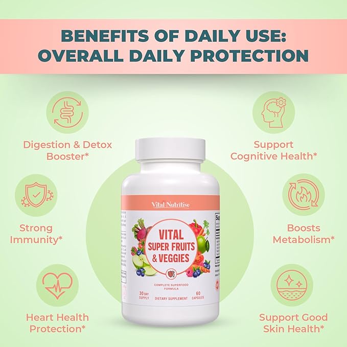 Vital Super Fruits & Veggies - Daily Superfood Capsules for Adults - Fruit & Vegetable Supplements to Boost Immunity & Energy - 2-in-1 Formula for Overall Wellness - Fruit and Vegetable Capsules