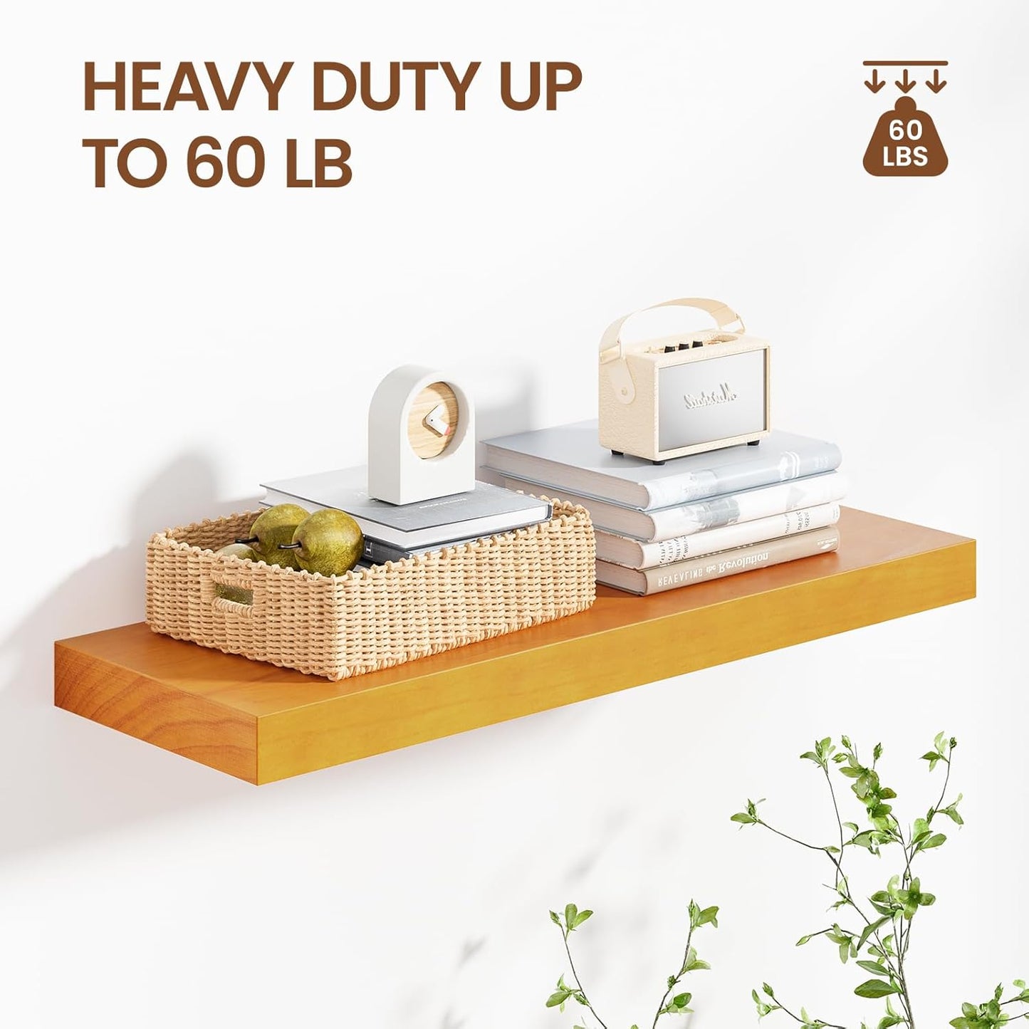 Honey Oak Brown Floating Wall Shelves 24 Inches Long x 8”x 1.4” Wooden Shelf Floating Rustic Farmhouse Decor, Heavy Duty Shelf Hold 60 lbs, Wall Shelves for Bathroom Living Room Kitchen Bedroom Office