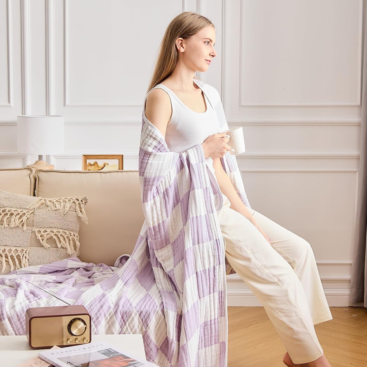 EMME Checkered Cotton Blanket Queen Size for Bed Soft Large Muslin Bed Blankets 80"x90" Lightweight Breathable Cooling All Season, Lavender