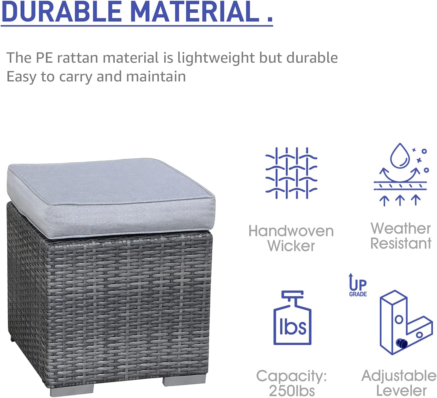 Patiorama 2 Pieces Assembled Outdoor Patio Ottoman, Indoor Outdoor All-Weather Grey Wicker Rattan Outdoor Footstool Footrest Seat with Light Grey Cushions, No Assembly Required