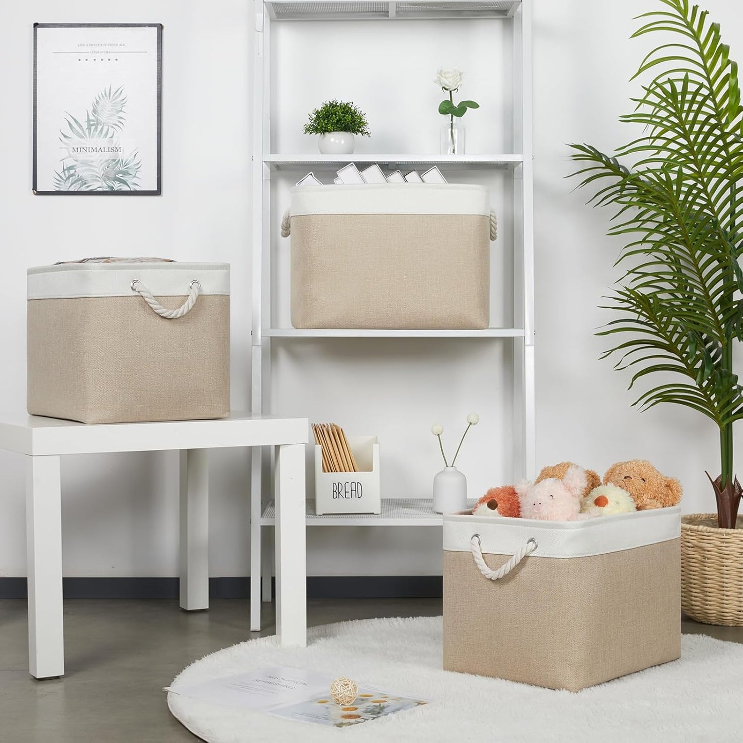 Bidtakay Large Storage Baskets for Organizing Fabric Closet Organizers Storage Bins with Handles 3-Pack 16x11.8x11.8 Inch Collapsible Baskets for Shelves Clothes Home Organization L-White&Beige