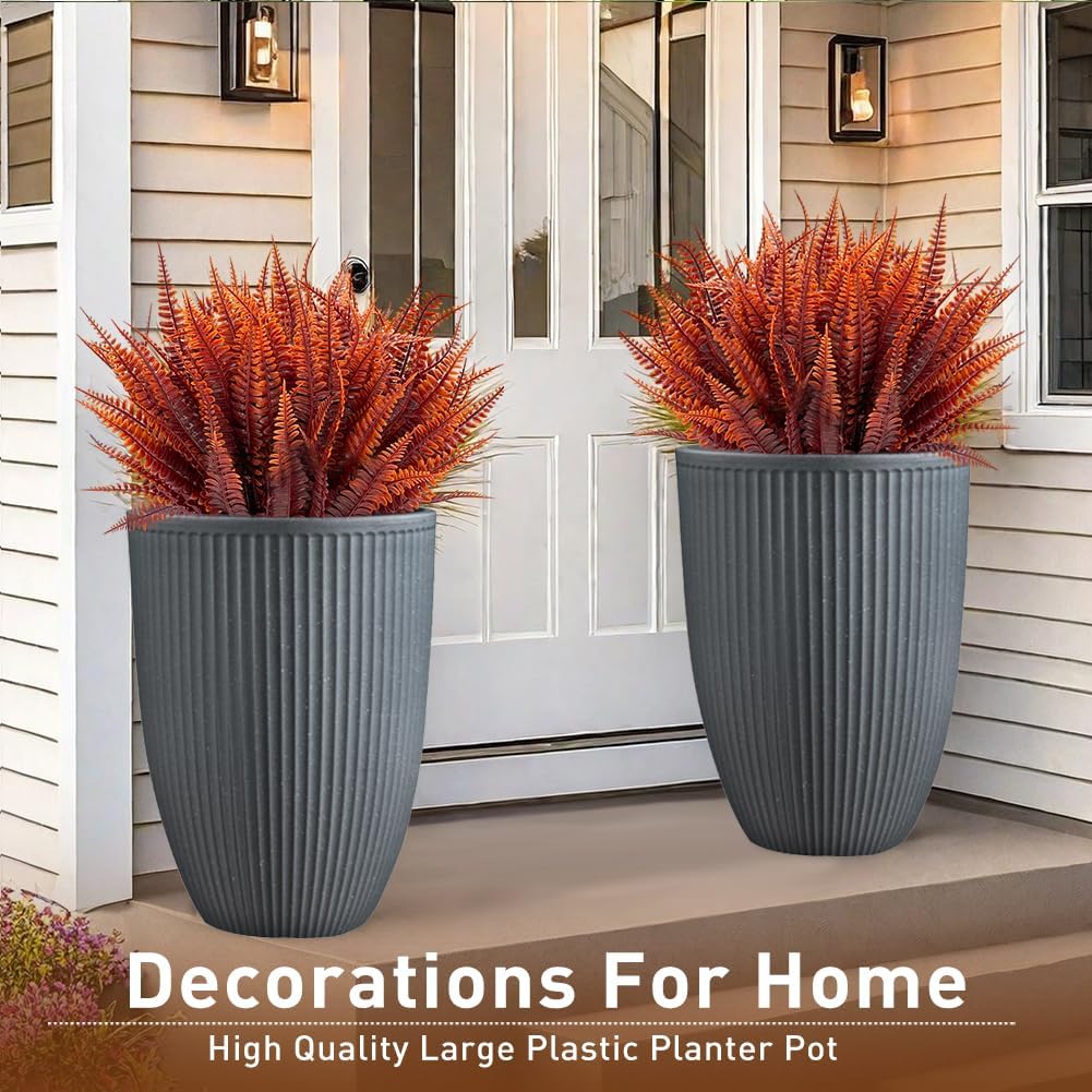 2 Pcs Pack 15 Inches Heavy Duty Plastic Resin Tall Tapered Planter Pots Large Round Planter Flower Pot with Drainage Hole for Indoor Outdoor Deck Porch Garden Home Patio Front Door (Dark grey, S)