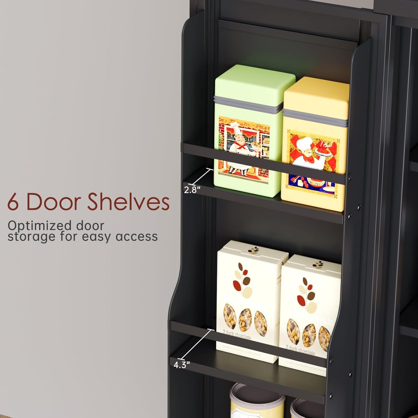 75" H Metal Storage Cabinet, Pantry with 6 Door Shelves and 4 Adjustable Shelves, Leveling Foot for Kitchen, Living Room and Dinning Room, Black