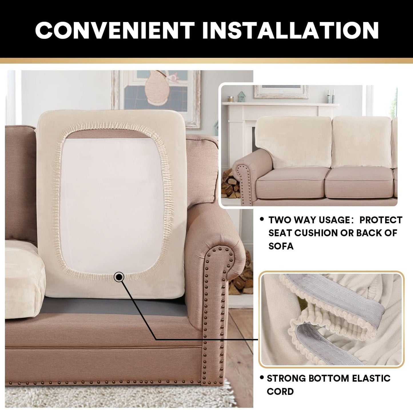 PrinceDeco Velvet Couch Cushion Cover Soft Stretch Cushion Slipcover for Chair Loveseat Sofa Cushion Furniture Protector Seat Cushion Sofa Cover (2 Piece Large Sofa Cushion Covers, Ivory)