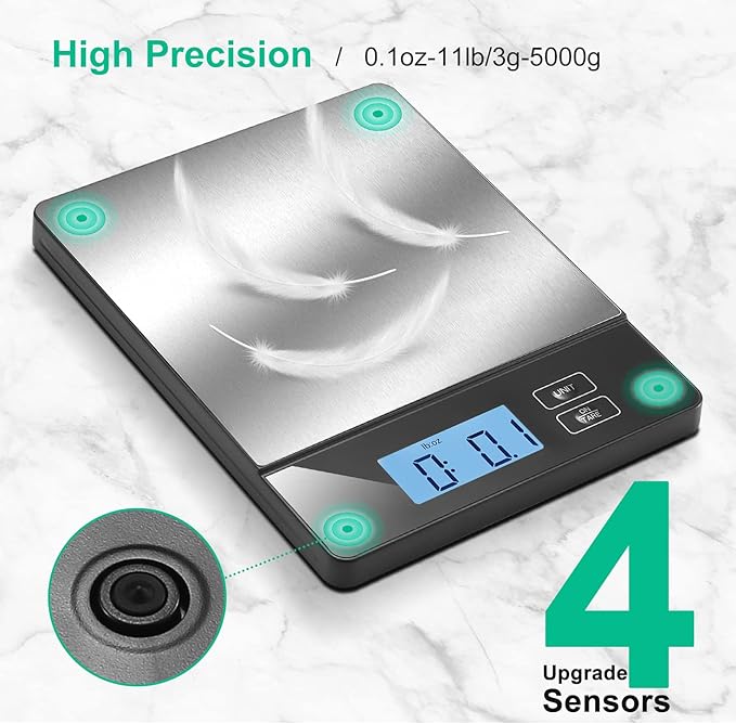 Smart Food Scales for Kitchen, Stainless Steel Digital Food Scale Grams and Ounces with Nutritional Calculator App, Food Weight Scale for Weight Loss, Calorie, Diet, Meal Prep 0.1oz / 11lb