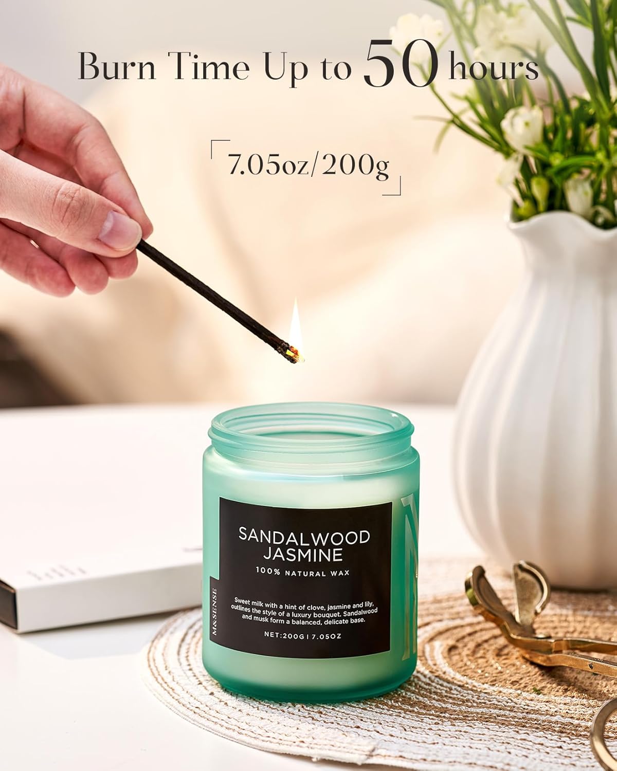 M&SENSE Sandalwood Jasmine Scented Candles, Natural Soy Wax Best Smelling Candle 7.05oz 50 Hour Burning,Floral Non Toxic Single Cotton Wick Aromatherapy Gifts for Women Friend