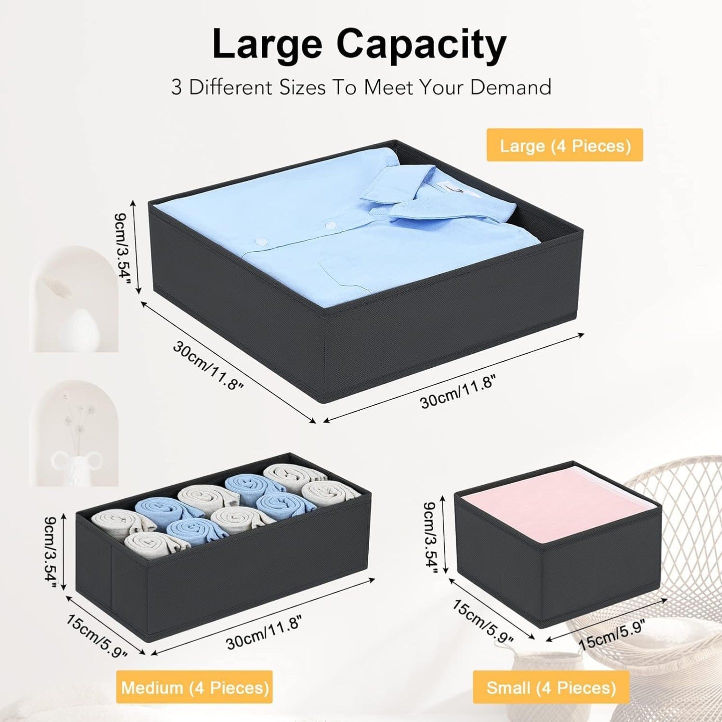 DIMJ Drawer Organizer 15 Pack - Foldable Baby Organizers and Storage & Dresser Organizer for Nursery, Bedroom, Closet - Nursery Organization Dresser Dividers for underwear, Sock,Bra, Belt, Tie,Black