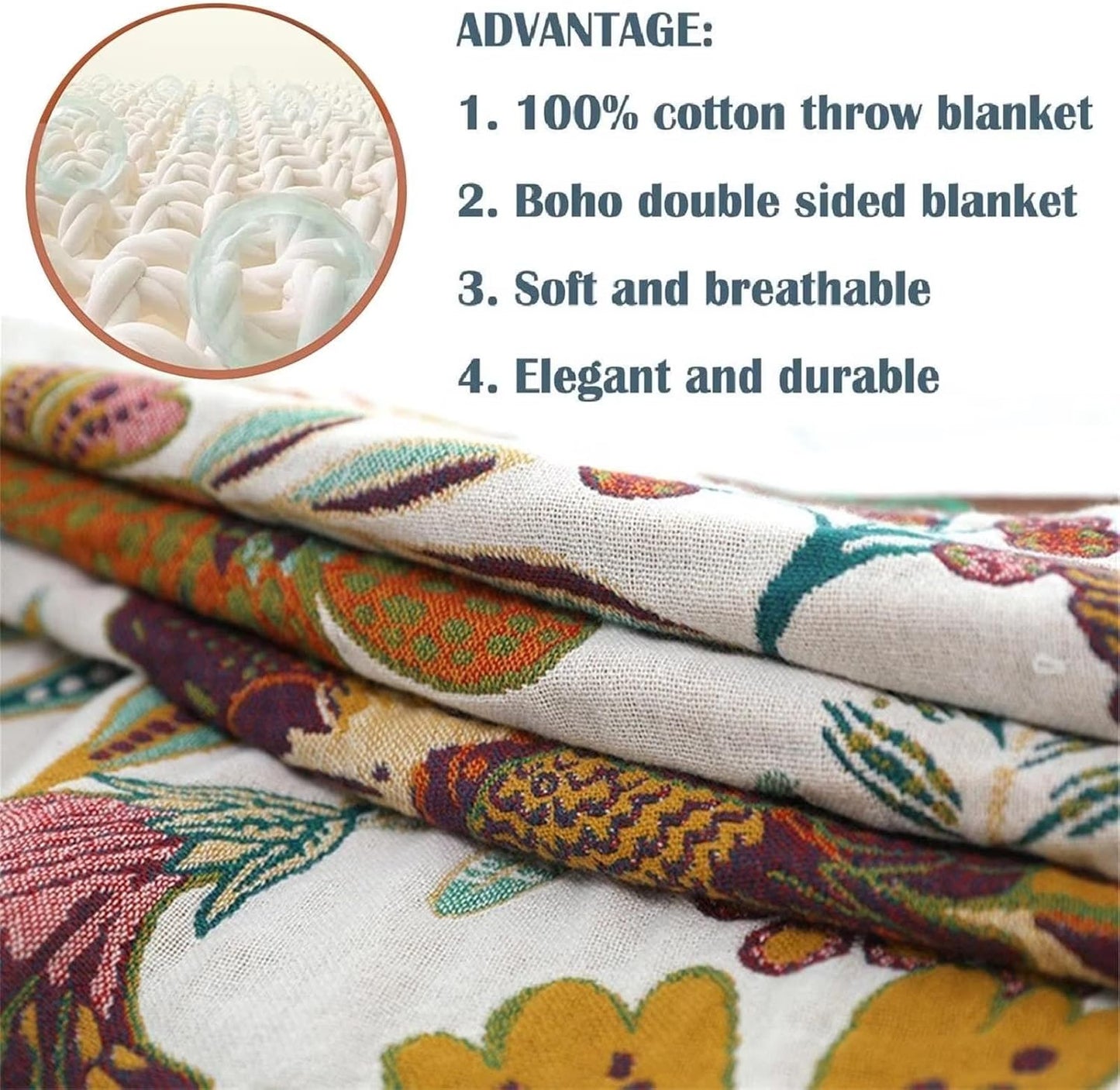 MSGKV Boho Throw Blanket for Bed Couch,100% Cotton Blankets 80''x 90'', Reversible Versatile Muslin Blanket, Super Soft Warm Boho Bedding Blankets