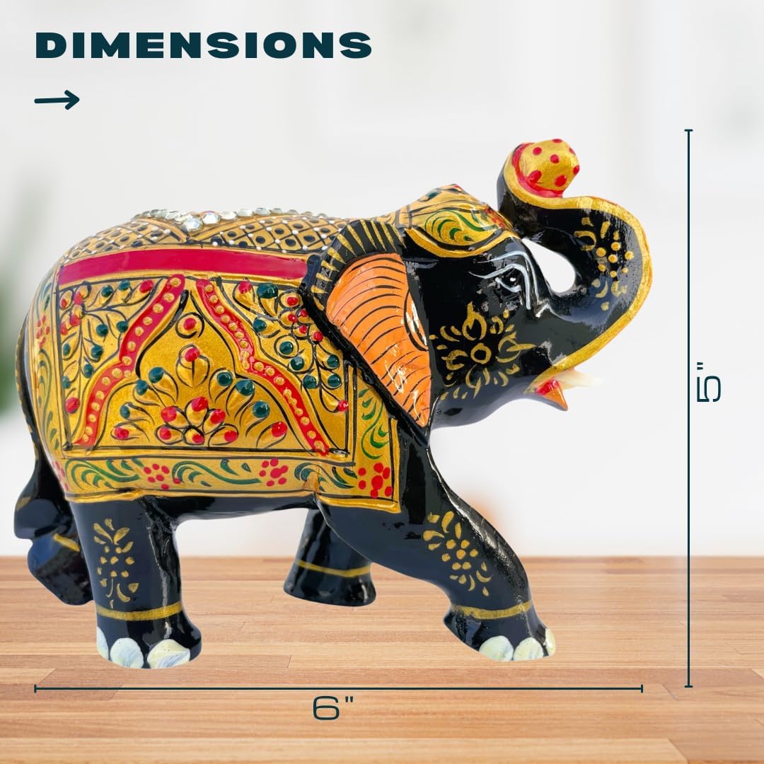 Handcrafted Wooden Elephant Figurine β Traditional Artwork, Gold & Gemstone Embellishments β Lucky Decorative Elephant Statue for Prosperity | Beautiful Elefantes Decorativos para Sala (Black & Gold)