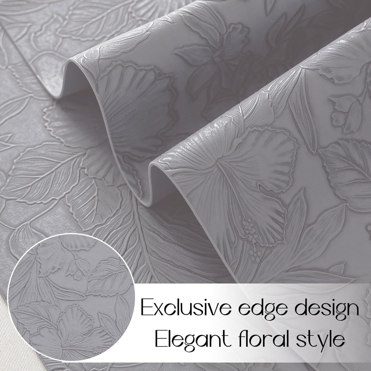 Romanstile Vinyl Placemats Set of 8-12 X 18 Inch - Heat Resistant Non-Slip Embossed Floral Place Mats 100% Waterproof Oilproof Wipeable Faux Leather Table Mats for Kitchen/Dining/Party, Grey