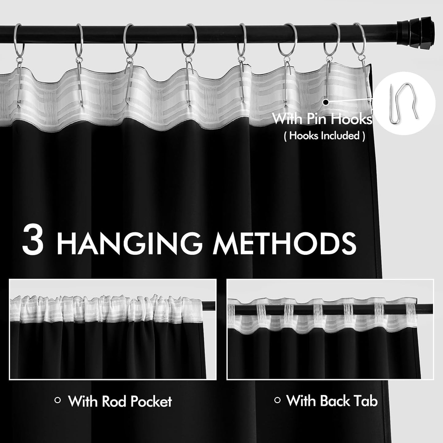 MIULEE Back Tab Blackout Curtains 90 Inch Long 2 Panels Set for Living Room Bedroom Privacy, Halloween Black Rod Pocket/Pinch Pleated Thermal Insulated Room Darkening Light Blocking Curtains/Drapes