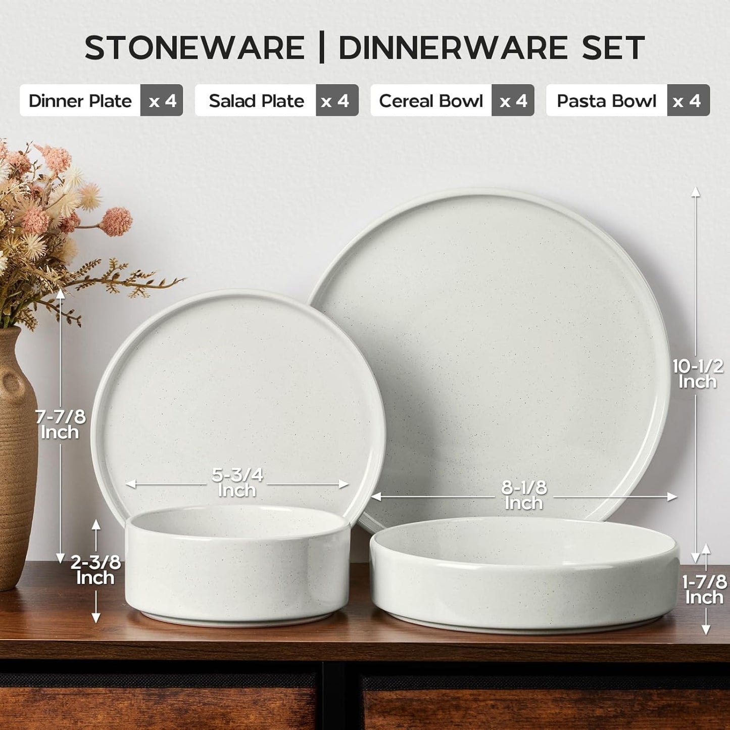 Stoneware Dinnerware Sets for 4 with Pasta Bowl, Onader 16 Piece Plates and Bowls Dish Set, Speckled Kitchen Dishware Dining Ware, Microwave & Dishwasher Safe - Cloud White