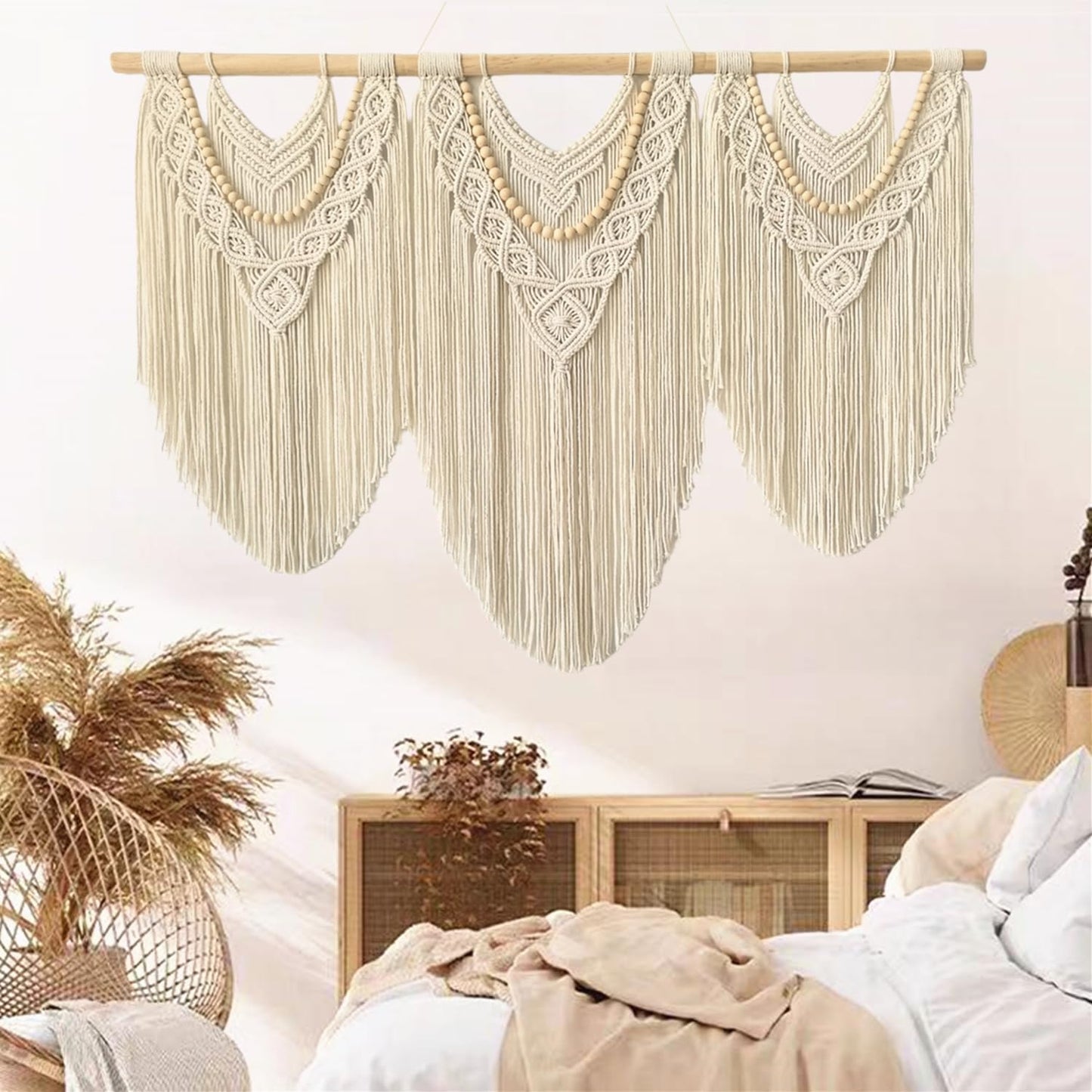 large macrame wall hanging - Boho Tapestry Macrame Wall Decor Art- Chic Bohemian Handmade Woven Tapestry Home Decoration for Bedroom Living Room Apartment Wedding Party - 43"x32" (Beige-Wood Bead)