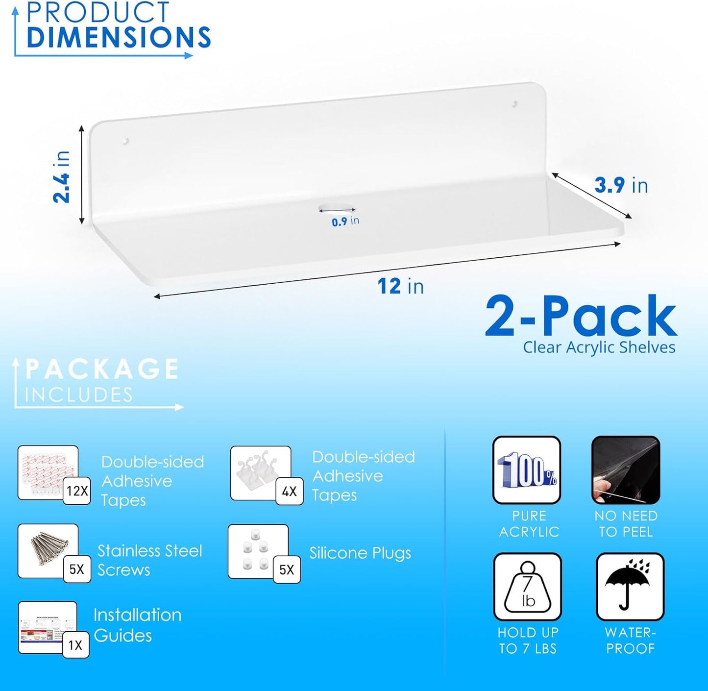 OAPRIRE White Acrylic Floating Shelves Set of 2 - Damage Free Expand Wall Space - 12 Inch Wall Shelves with Strong Adhesive for Bathroom, Bedroom, etc