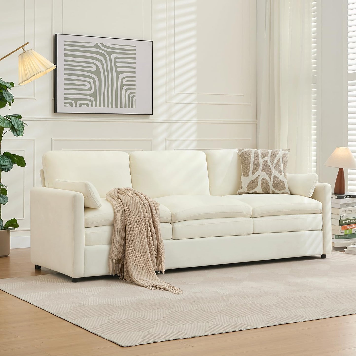 Tbfit Modern Couch Sofa, 89" Cloud Couch w/Pillows, Pocketed Spring Seat, Comfy 3-Seater Plush Foam Cushions, Chenille Fabric Removable Covers, Soft Upholstered Living Room Furniture Apartment, Beige