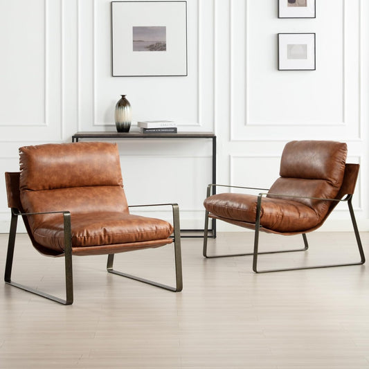DUOMAY Mid-Century Accent Chairs Set of 2, Comfy PU Leather Leisure Chairs Lazy Chairs with Brozen Metal Leg for Living Room Bedroom Office Apartment, Brown