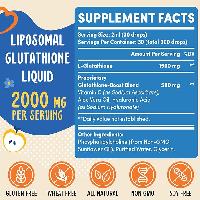 2000MG Liposomal Glutathione Liquid, 98% Absorption, Glutathione Liquid Supplement, Active Form L- Glutathione, Powerful Antioxidant Non-GMO for Immune System, Aging Defense, Detox, 2 FL.OZ