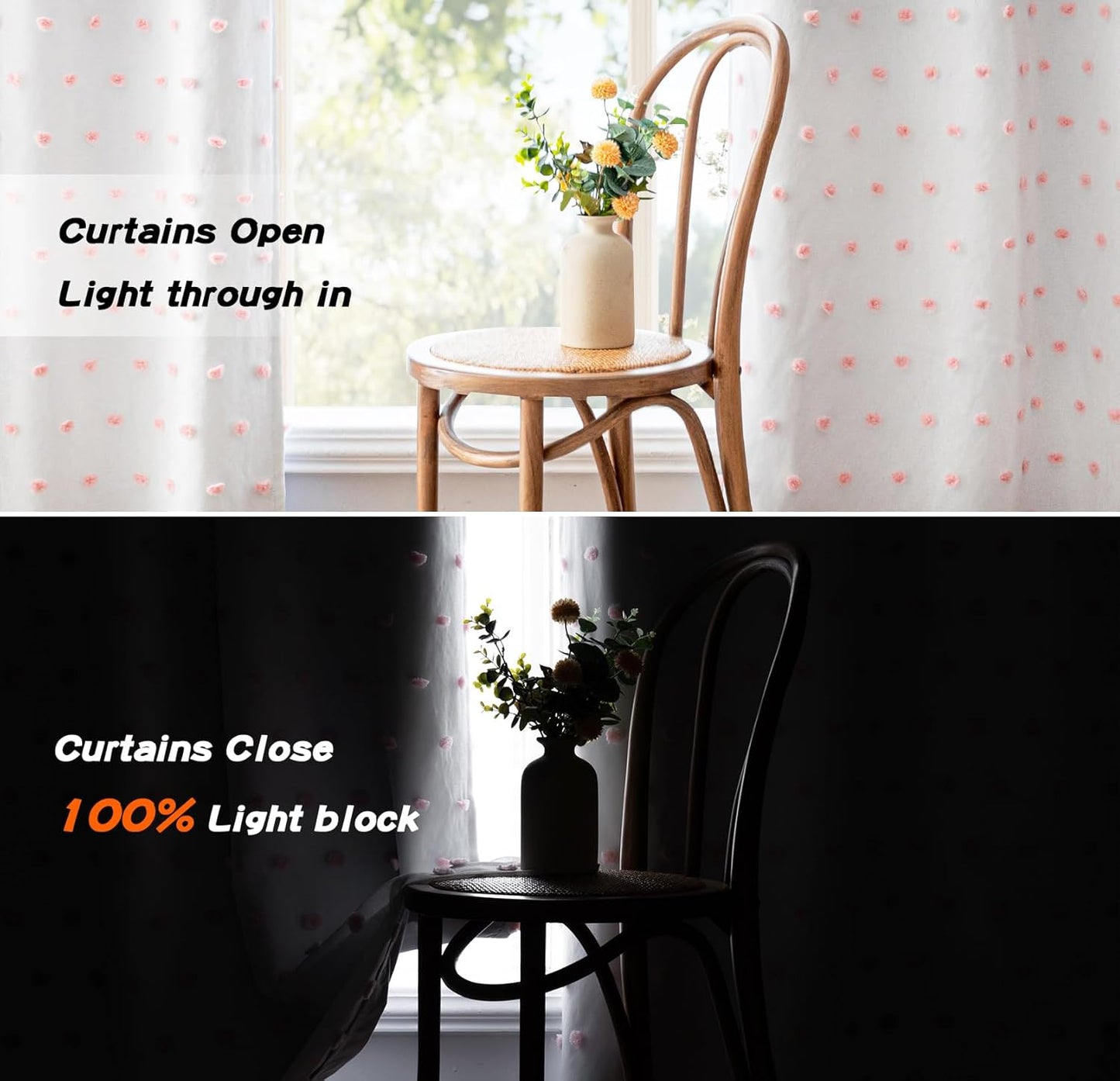 MYSKY HOME 100% Blackout Curtains for Girls Bedroom 95 Inch Long Total Light Blocking Curtains for Living Room 2 Panels Grommet Sliding Door Room Darkening Drapes with Pink Pom Pom Sheer 52 x 95 Inch