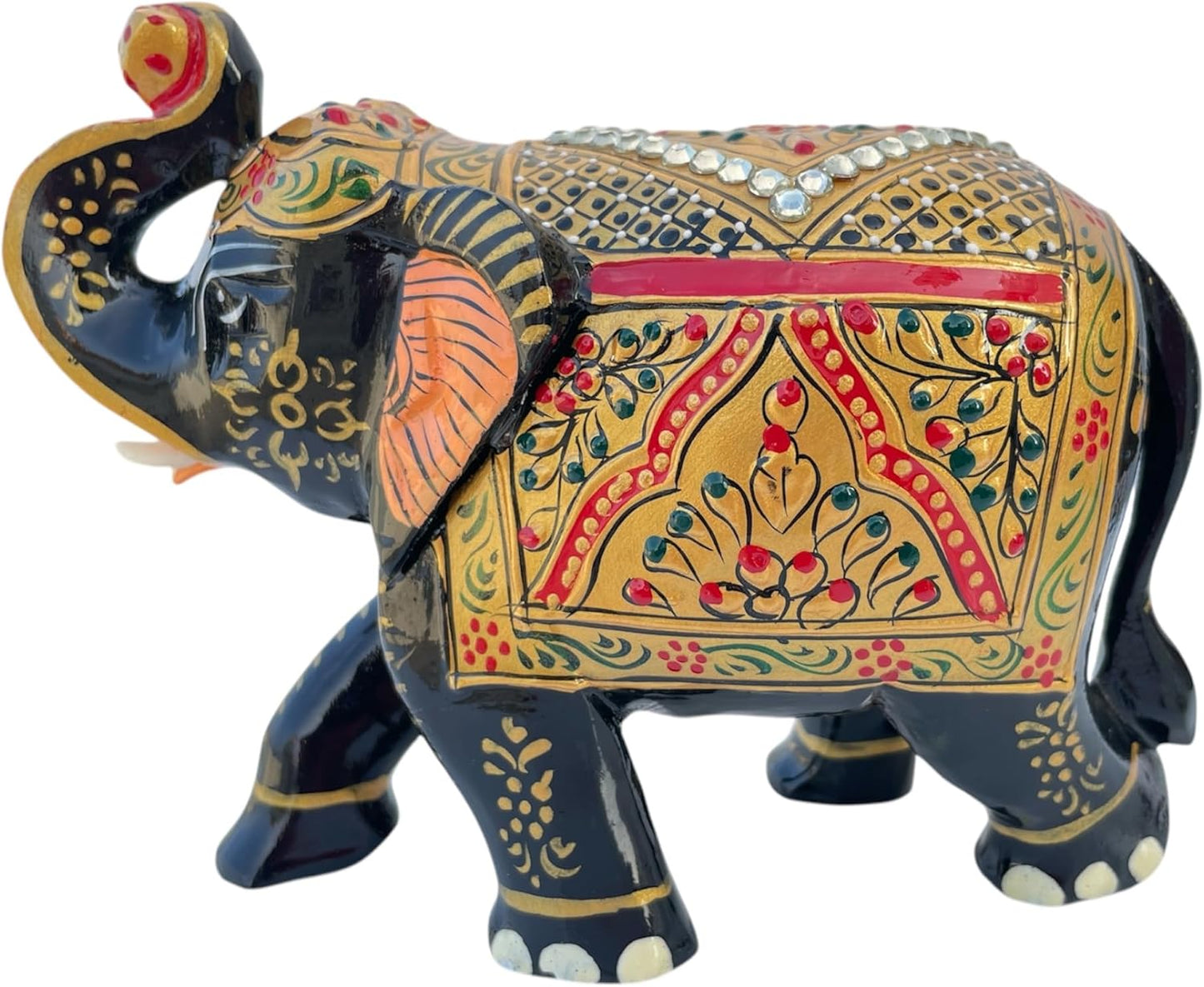 Handcrafted Wooden Elephant Figurine β Traditional Artwork, Gold & Gemstone Embellishments β Lucky Decorative Elephant Statue for Prosperity | Beautiful Elefantes Decorativos para Sala (Black & Gold)