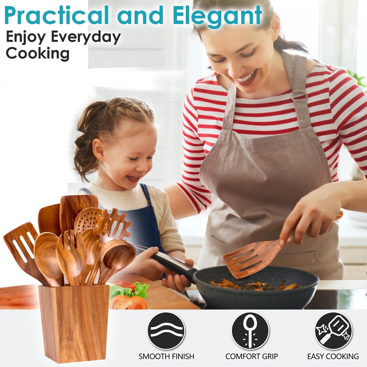 Wooden Spoons for Cooking, Acacia Wood Cooking Utensils Set – 11 Piece Wooden Kitchen Tools with Holder, Spoon Rest, Nonstick Cookware Safe by HOWHONG