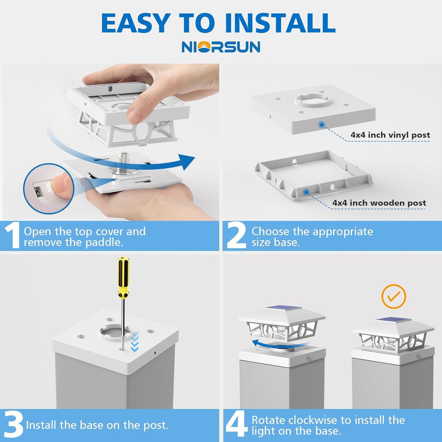 NIORSUN Solar Post Lights Outdoor, Fence Post Solar Lights Warm White Outdoor Waterproof Edison LED Bulbs Garden Patio Fence Deck Decor, 4x4 5x5 Wood Vinyl Post Cap Lights, White 6 Pack
