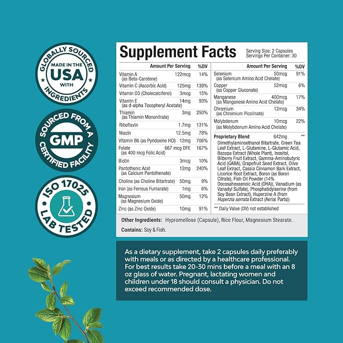 Advanced Nootropics Brain Support Supplement - Synergetic Mental Energy and Focus Supplement with Brain Vitamins for Cognitive Enhancement - Mind and Memory Supplement for Brain Health (30 Servings)
