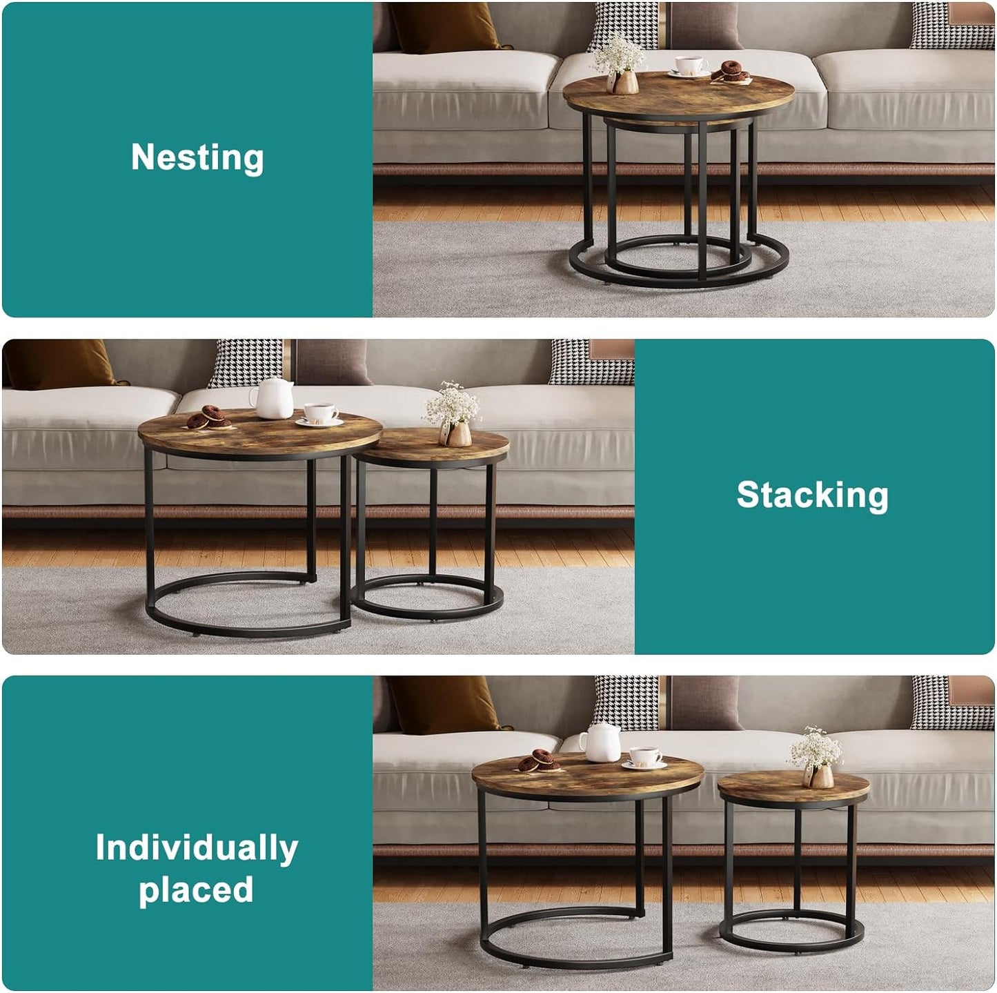 Smuxee Nesting Coffee Table Set of 2, 23.6" Round Coffee Table Rustic Wood Top with Adjustable Non-Slip Feet, Industrial End Table Side Tables for Living Room Bedroom Balcony Yard