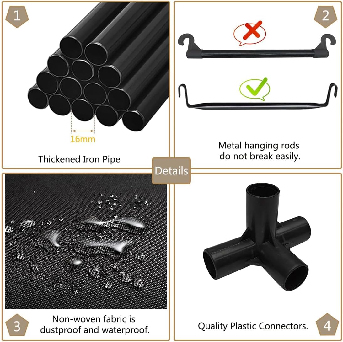 SORCEDAS Portable Closet Wardrobe Storage Organizer Metal Hanging Rack Non-Woven Fabric 50 Inch (Black)