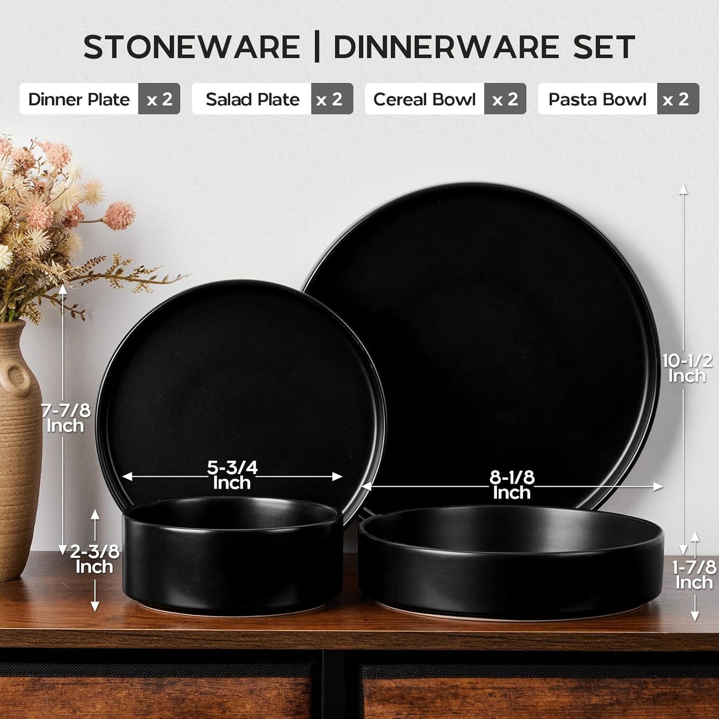 Onader Stoneware Dinnerware Set for 2 with Pasta Bowl, 8 Piece Plates and Bowls Dish Dinner Set, Microwave & Dishwasher Safe - Ebony Black
