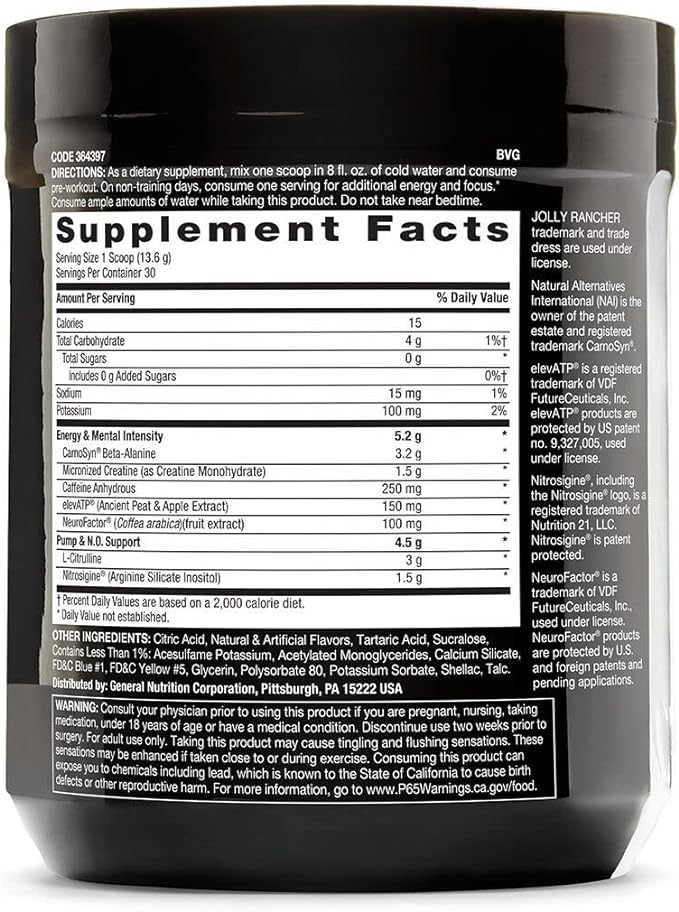 BEYOND RAW LIT | Clinically Dosed Pre-Workout Powder | Contains Caffeine, L-Citrulline, Beta-Alanine, and Nitric Oxide | Jolly Rancher Green Apple | 30 Servings