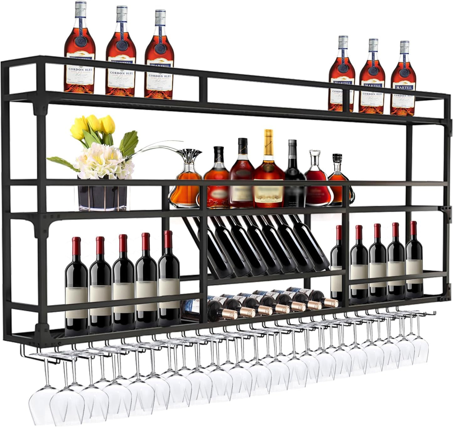 47.2in Wall Mounted Wine Rack, Wine Rack Wall Mounted With Wine Glass Rack, Metal Bar Bottle Display Shelf Wine Cups Hanging Holder, For Home Bar Cafe Dining Room Decoration (BLACK, 47.2*10*35.5inch)
