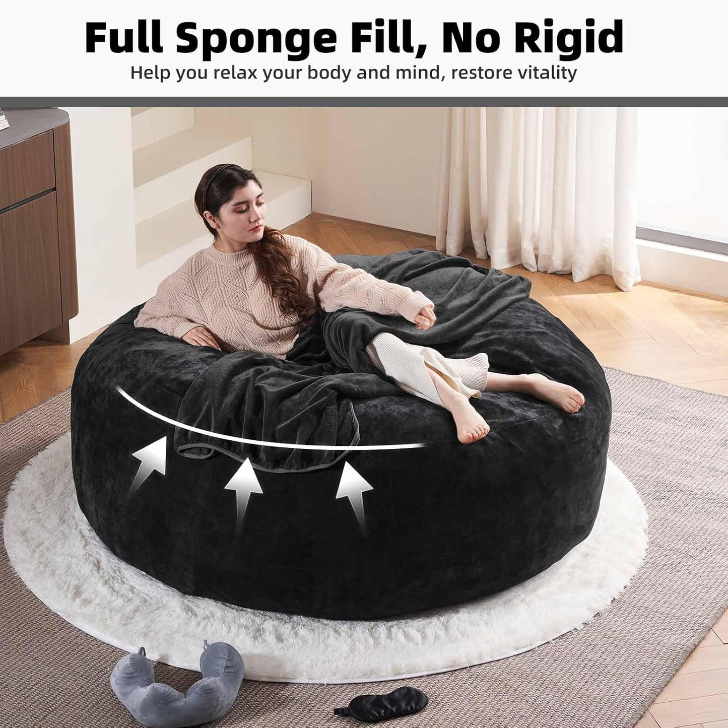 6FT,Oversized Bean Bag Chairs for Adults,Giant beanbag with Filler Included,Fluffy Memory Foam,Soft and Comfy Corduroy Fabric,Gaming Chairs Suitable for Living Room and Bedroom (Black, 6 Foot)