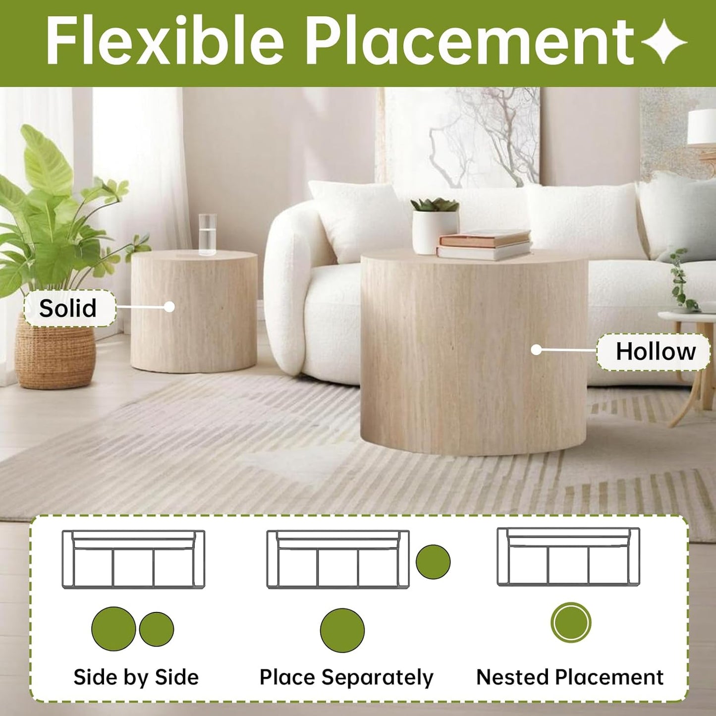 Round Nesting Coffee Table, Drum Wood Coffee Table Set of 2 Travertine-Color, Modern Nesting Tables Circle Center Table 2 Piece for Small Spaces Living Room Bedroom Balcony Office, No Assembling