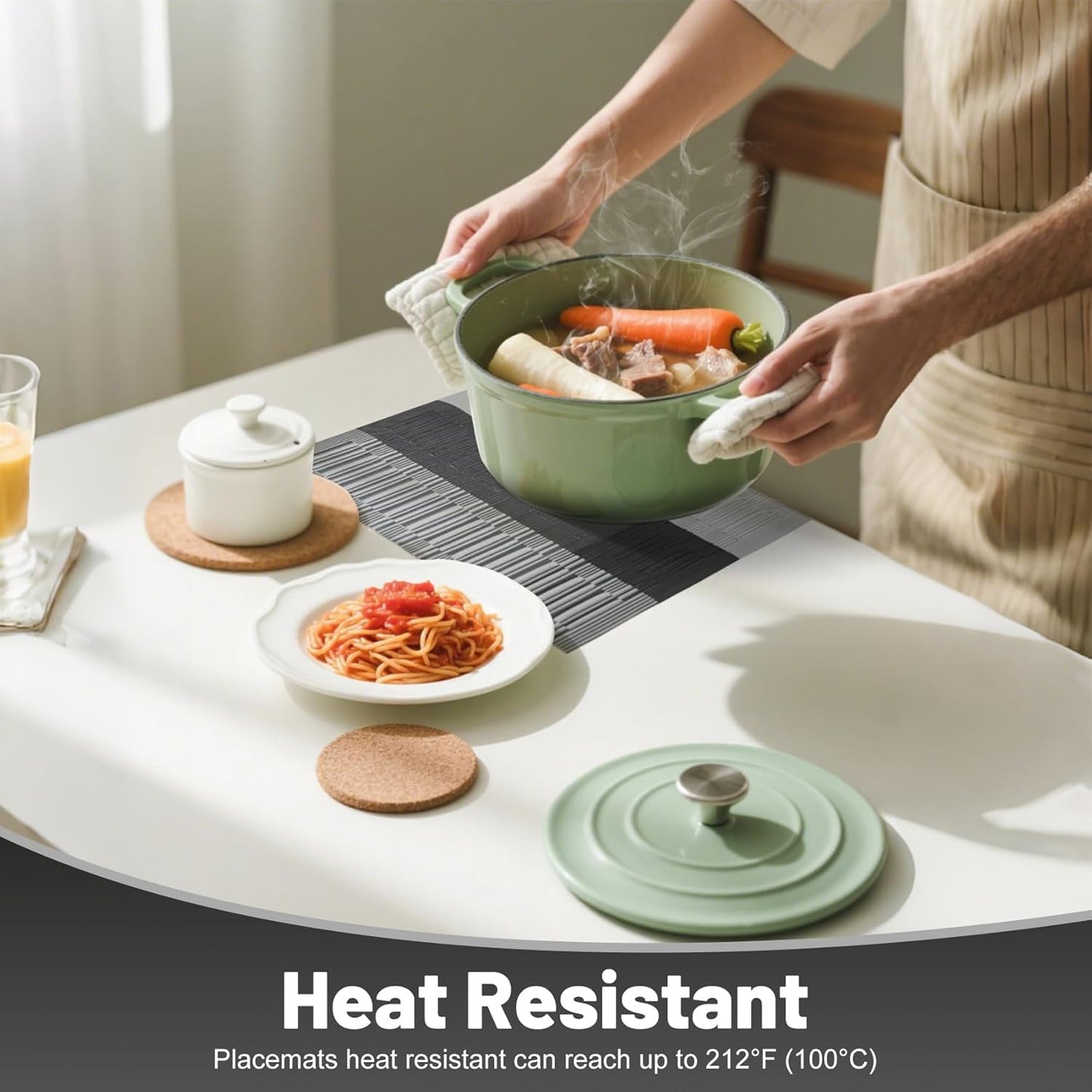 Placemats Set of 8,Non-Slip PVC Weave Table Mats Easy to Clean,Heat Resistant Place Mats for Kitchen Dining Table Decoration Indoor Outdoor,Black Gray