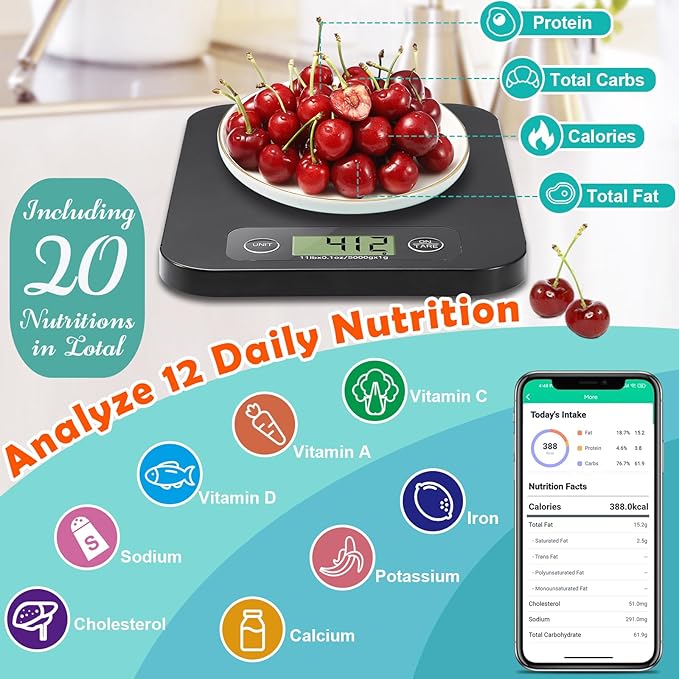Smart Digital Food Scale for Weight Loss, Kitchen Food Scale Grams and Ounces with Nutritional Calculator, Food Weight Scale for Diet, Keto, Macro, Calorie, Cooking, Meal Prep 0.1oz/11lb