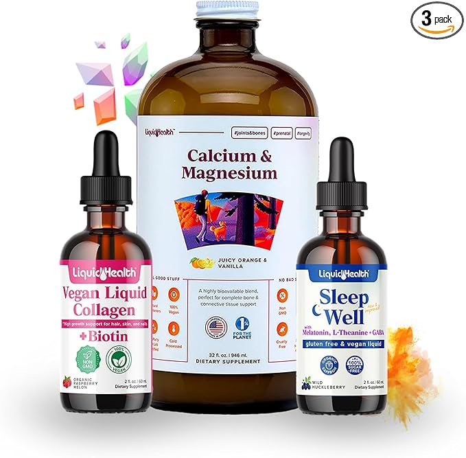 LIQUIDHEALTH Vegan Beauty Sleep Liquid Vitamin Supplement Bundle with Vegan Liquid Collagen + Biotin, Calcium Magnesium Liquid Vitamins, Sleep Well Melatonin Drops - Hair/Skin/Nail Health & Relaxation