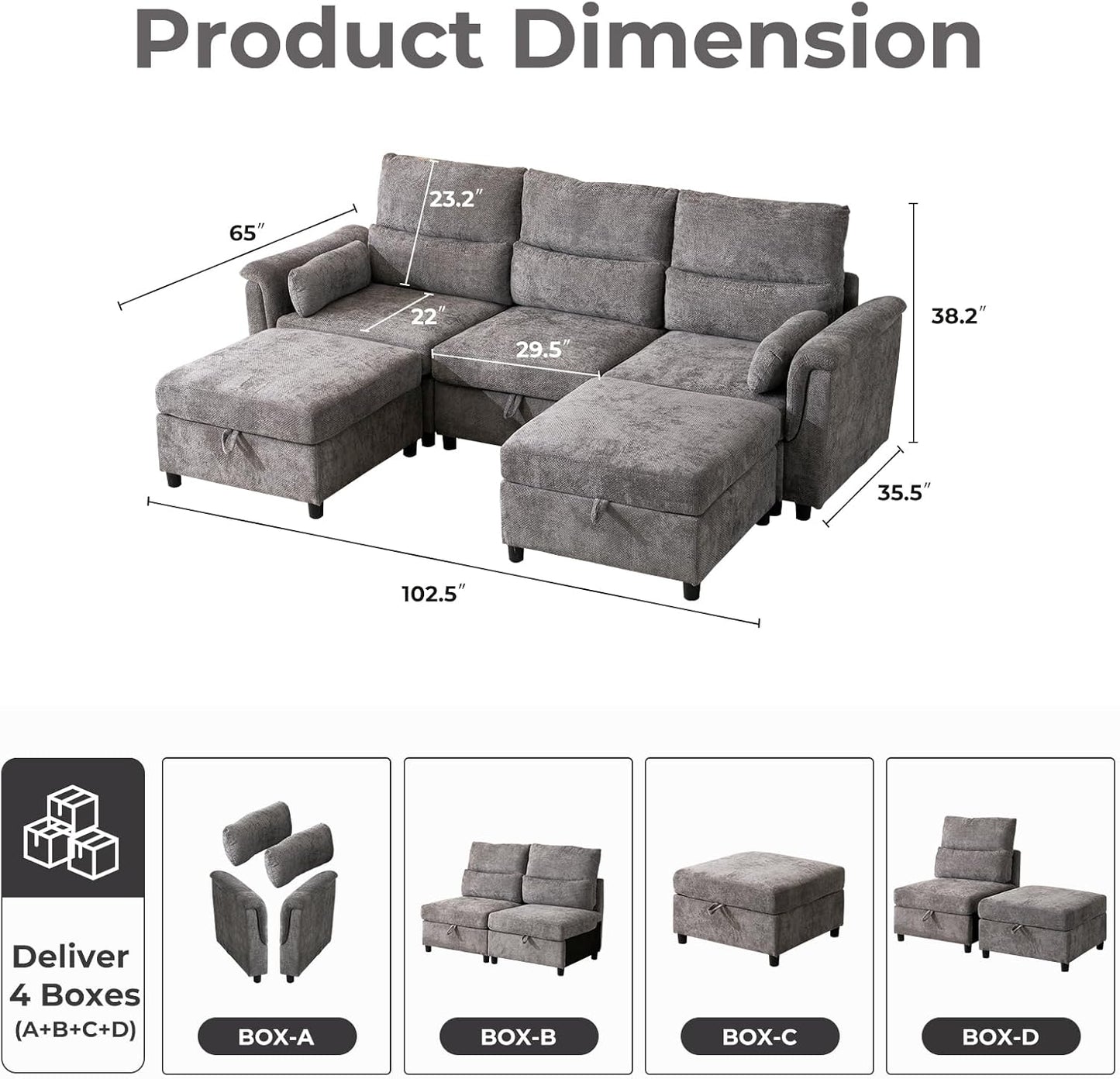 103''U Shaped Modular Sectional Sofa, Comfy Cloud Sectional Couch with Storage Ottoman, Chenille Deep Seat Modern Modular Sofa with 2 Throw Pillows for Living Room,Grey