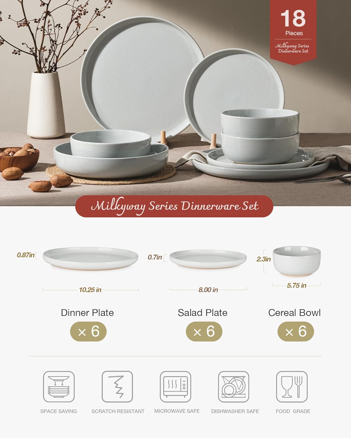 Famiware Milkyway Plates and Bowls Set, 18 Pieces Dinnerware Sets, Dishes Set for 6, Light Gray