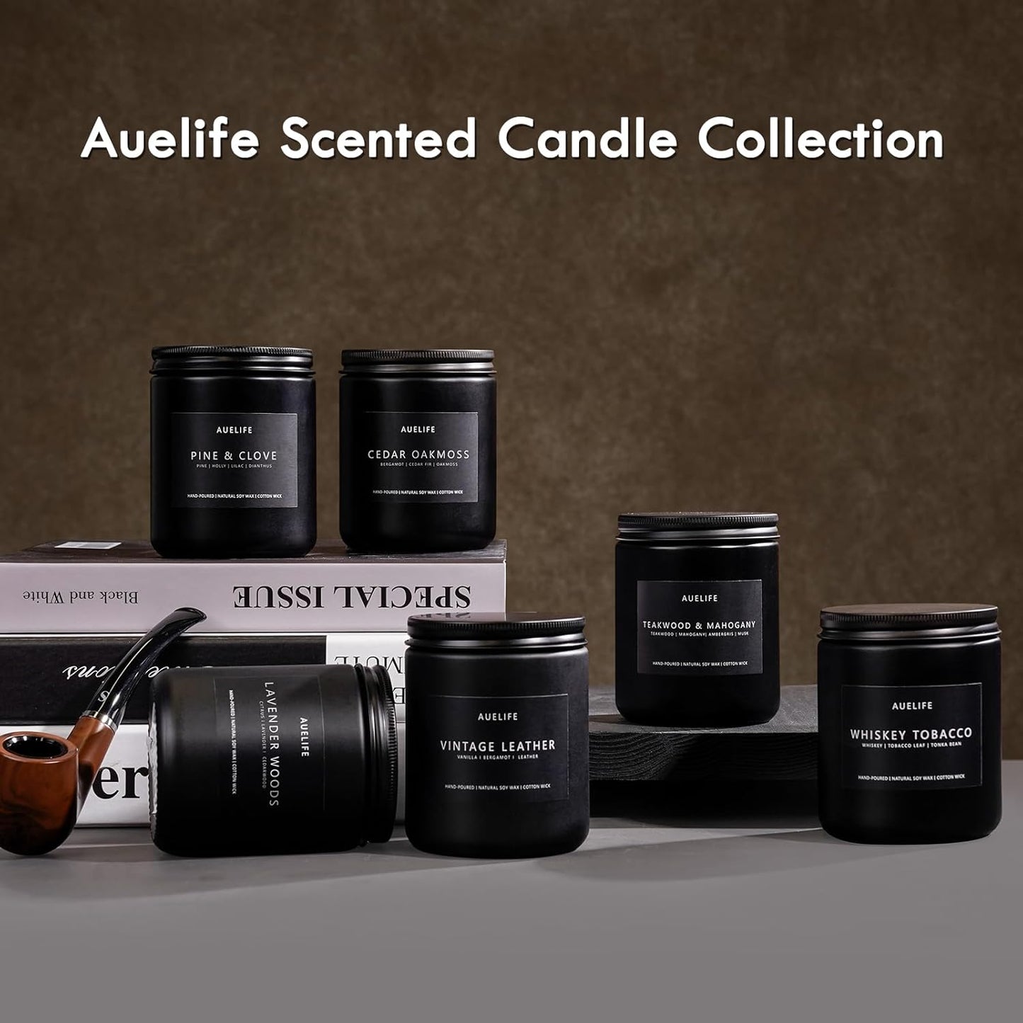 Scented Candles Set | Gifts for Men - 6Pack Candle Set - Masculine Candle, Soy Candles for Home Scented, Aromatherapy Gift - Fragrance of Smoke Vanilla/Leather/Mahogany/Tobacco/Oak/Amber Patchouli