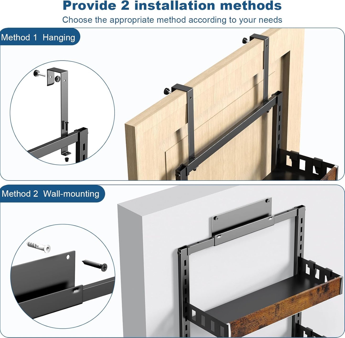 bukfen Over the Door Pantry Organizer, 8-Tier Adjustable Wooden Basket Kitchen Pantry Door Organization and Storage,2 in 1 Wall Mount or Hanging Heavy-Duty Metal Hanging Kitchen Spice Rack,1 Pack