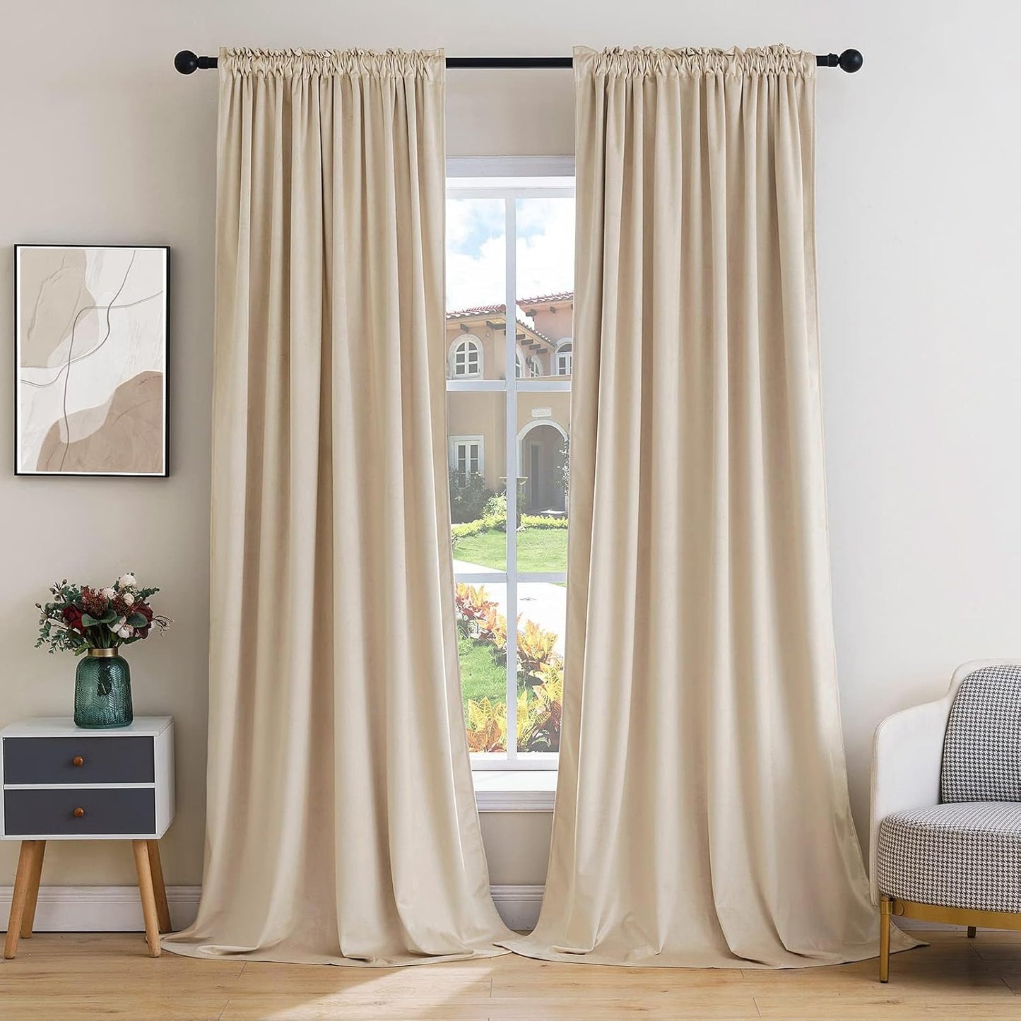 MIULEE Beige Velvet Curtains Thermal Insulated Blackout Curtain Drapes for Bedroom Living Room Darkening 96 Inches Long Curtains Panels Rod Pocket Set of 2