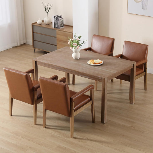 Kmax Modern Dining Chairs Set of 4 Faux Leather Kitchen Arm Chairs Upholstered Accent Chairs with Wooden Legs for Dining Room, Living Room, Bedroom, Brown