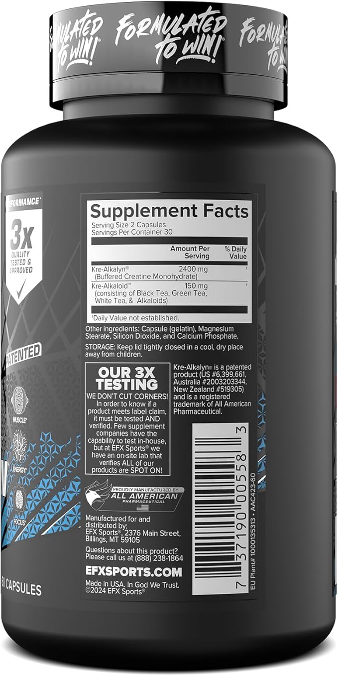 EFX Sports Kre-Alkalyn Pro | pH Correct Creatine Monohydrate Pill Supplement | Muscle Building Pre Workout for Men & Women | 30 Servings, 60 Capsules