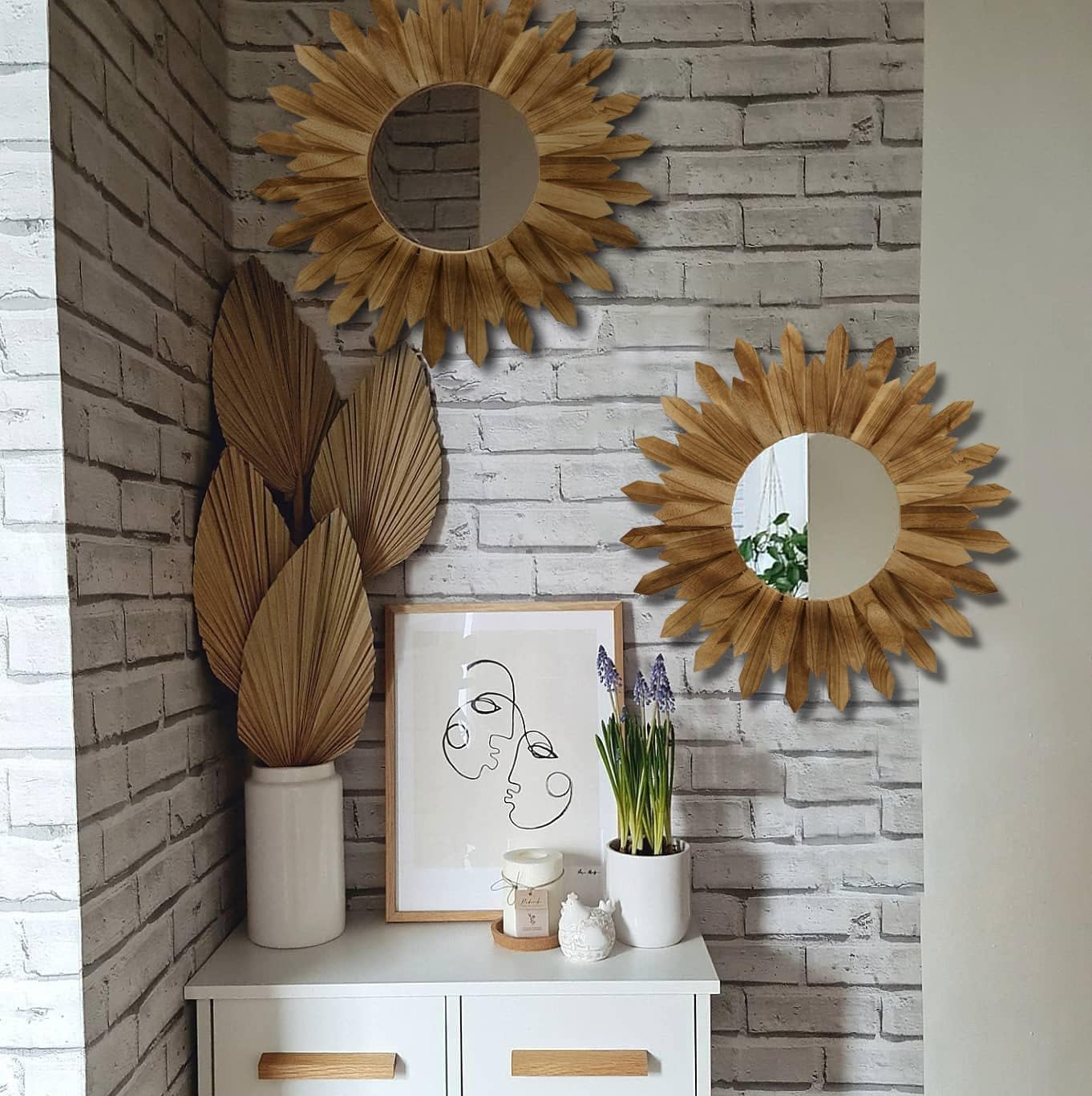 LOSOUR 2 Pack 22 Inch Boho Wall Sunburst Mirror Rustic Round Wood Decorative Mirror Boho Wall Art Decor for Entryway Bedroom Living Room
