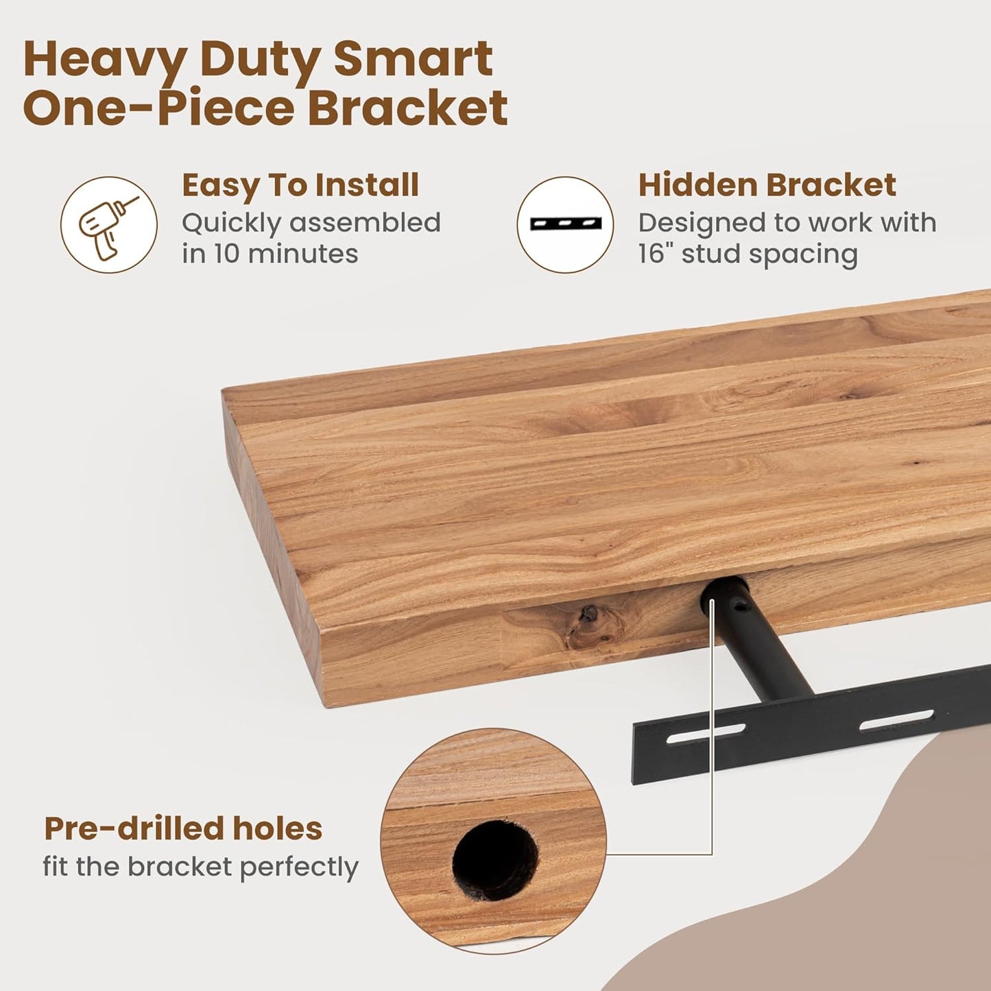 Floating Shelves for Wall Decor, 8" Deep Rustic Solid Elm Wood Floating Shelves Wall Mounted, Wall Shelves with Invisible Bracket for Living Room Bathroom Bedroom Kitchen, 24 Inch Set of 2, Natural